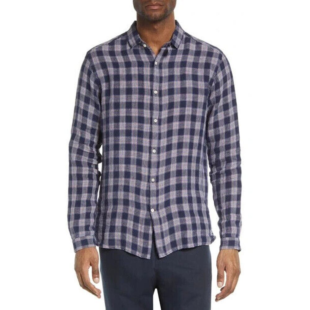 NWT Oliver Spencer Clerkenwell Tab Linen Shirt 15.5 M Indigo Blue Plaid $250